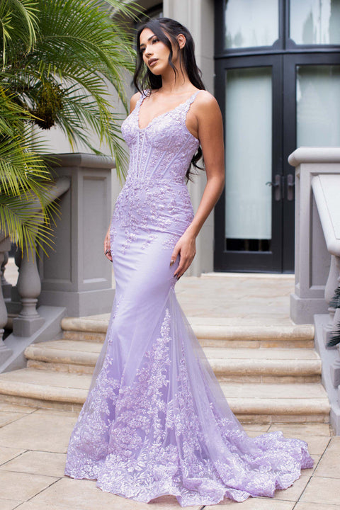 V-Neck Long Embroidered Mermaid Gown by Lenovia 8460