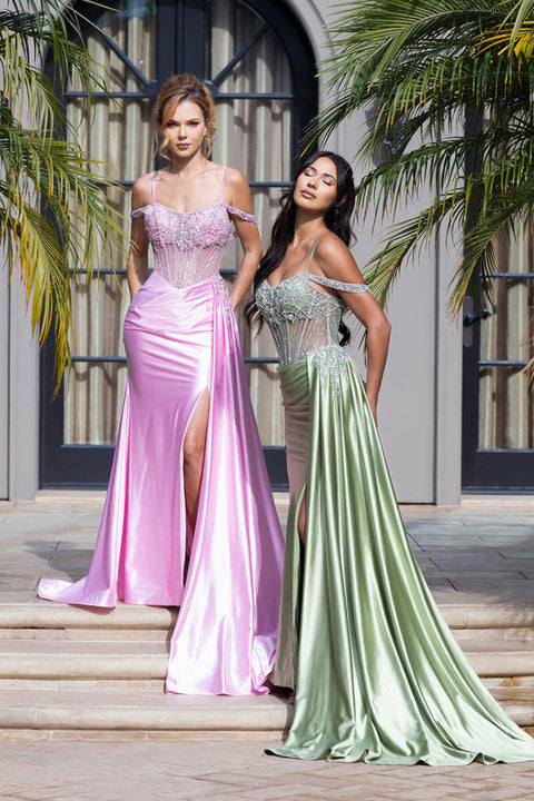 Off-Shoulder Long Satin Prom Dress by Lenovia 8438