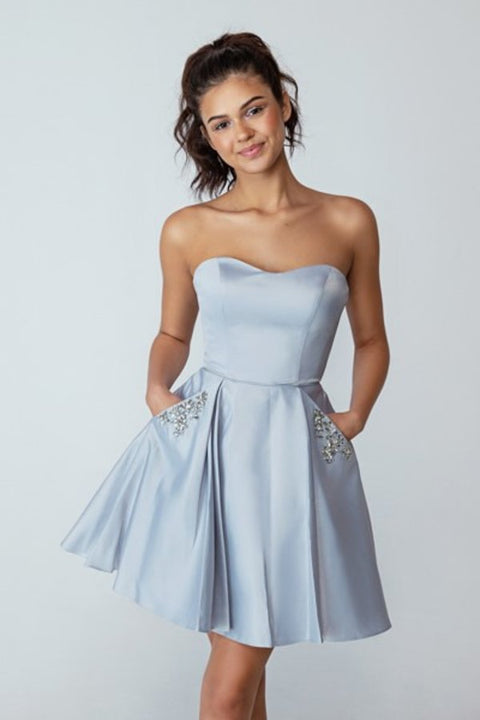Eureka 6622 satin short strapless a-line dress — SILVER