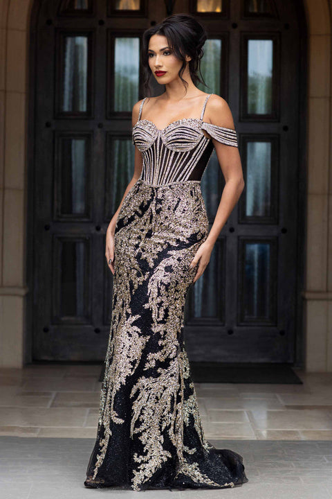 Off-Shoulder Beaded Gown by Lenovia 8422