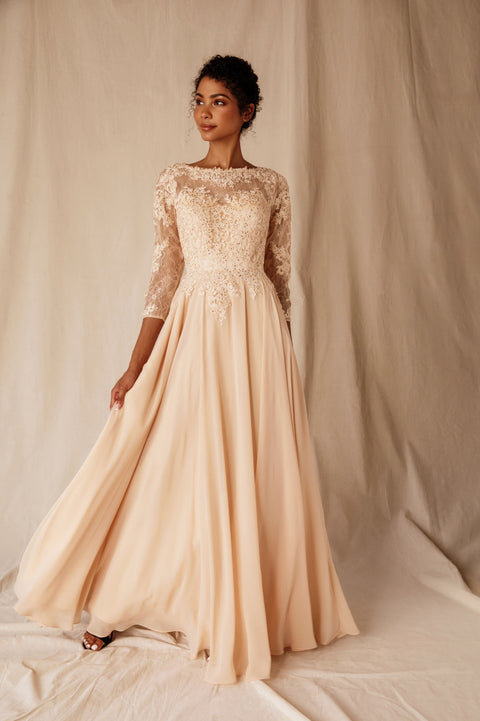 Eureka 6909 lace chiffon 3/4 sleeve a-line gown — CHAMPAGNE