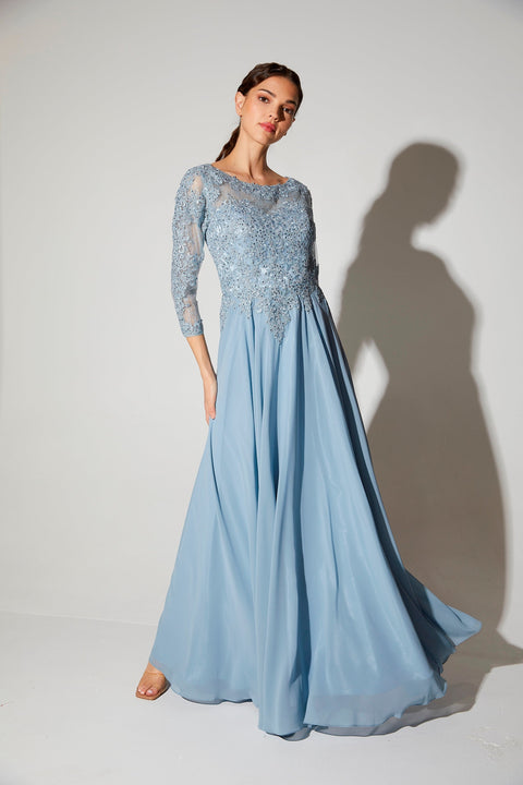Eureka 6909 lace chiffon 3/4 sleeve a-line gown — DUSTYBLUE 1