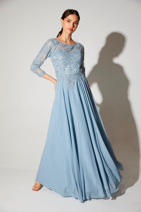 Eureka 6909 lace chiffon 3/4 sleeve a-line gown — DUSTYBLUE 9