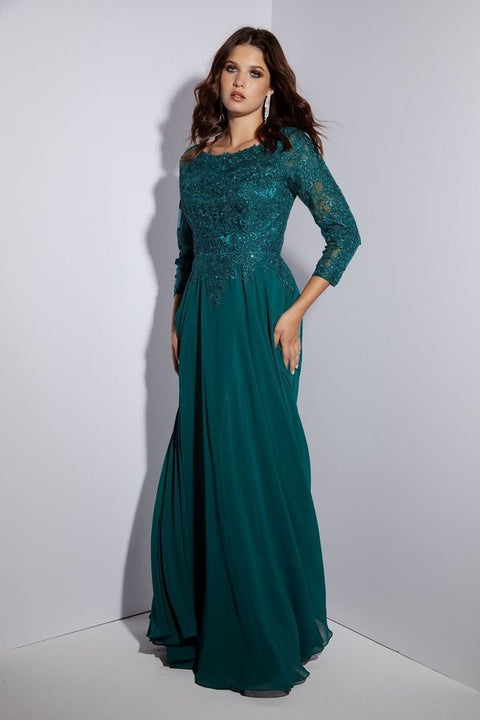 Eureka 6909 lace chiffon 3/4 sleeve a-line gown — EMERALD