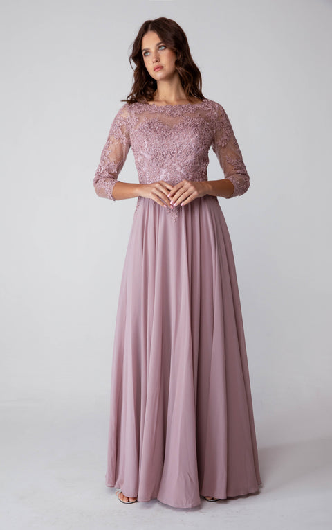 Eureka 6909 lace chiffon 3/4 sleeve a-line gown — MOCHA