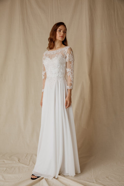 Eureka 6909 lace chiffon 3/4 sleeve a-line gown — OFFWHITE