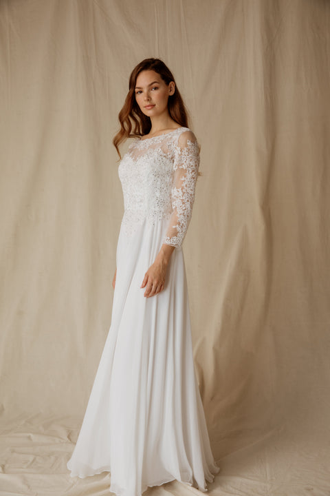 Eureka 6909 lace chiffon 3/4 sleeve a-line gown — OffWhite 1
