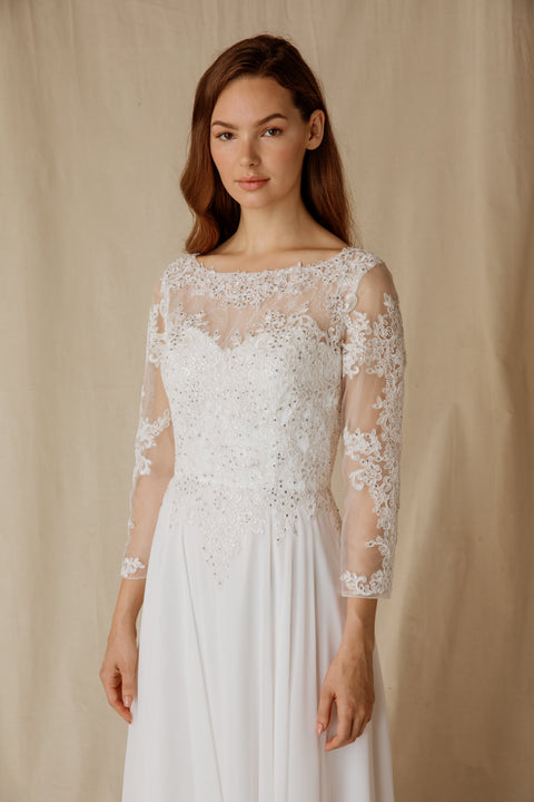 Eureka 6909 lace chiffon 3/4 sleeve a-line gown — OffWhite 2