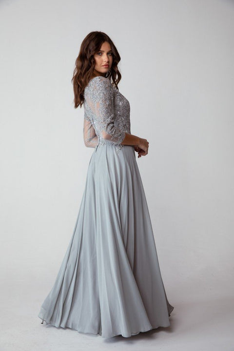 Eureka 6909 lace chiffon 3/4 sleeve a-line gown — SILVER2 1