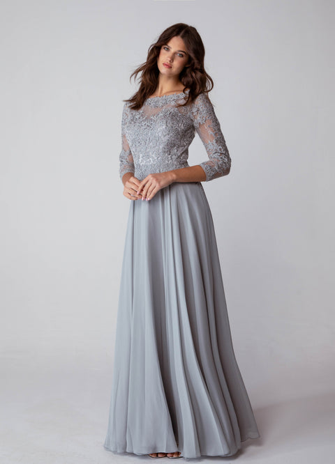 Eureka 6909 lace chiffon 3/4 sleeve a-line gown — SILVER