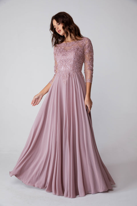 Eureka 6909 lace chiffon 3/4 sleeve a-line gown — mocha 4