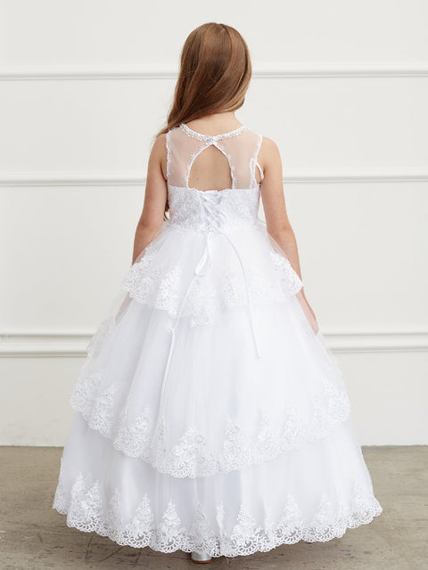 Big Girls White Glitter Mesh Overlay V Neck Pageant Dress 8-18