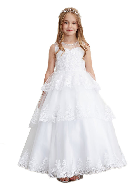 Big Girls White Glitter Mesh Overlay V Neck Pageant Dress 8-18