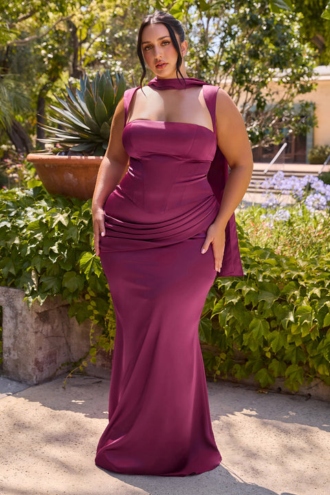 Ladivine 7437 satin fitted sleeveless 2-piece gown — product view