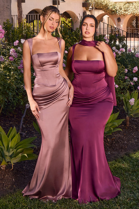 Ladivine 7437 satin fitted sleeveless 2-piece gown — product view