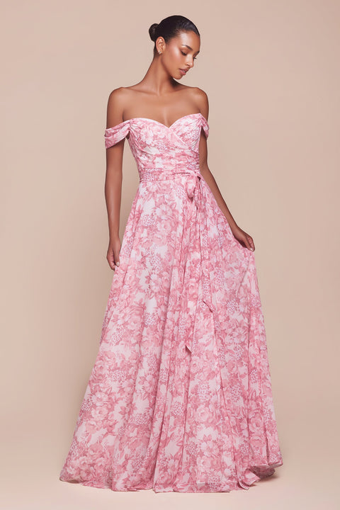 Ladivine 7441 Floral Print Off-the-Shoulder A-Line Gown