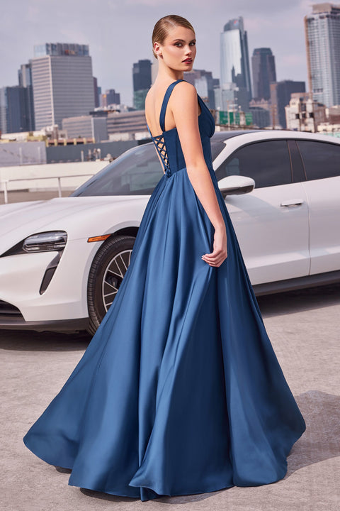 Ladivine 7447 Satin Sleeveless A-Line Gown with Corset Boning and Lace-Up Back