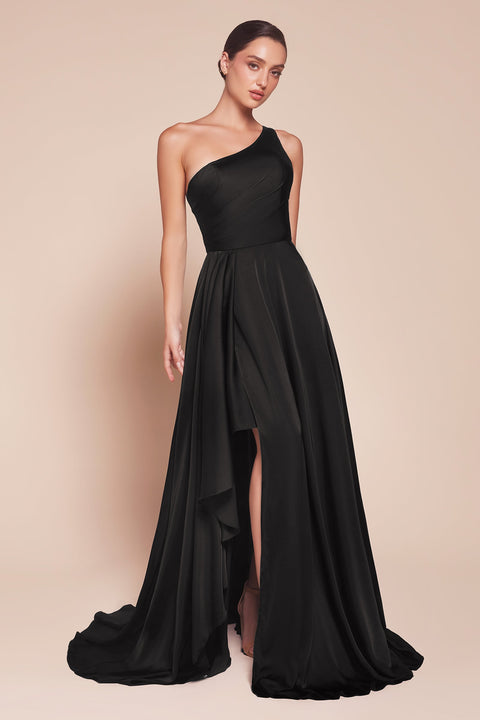 Ladivine 7450 satin one shoulder a-line slit gown — front view