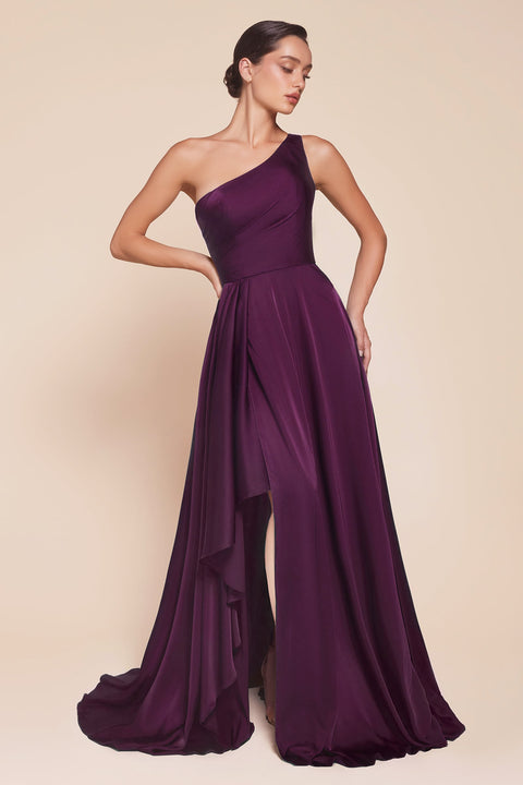 Ladivine 7450 satin one shoulder a-line slit gown — front view