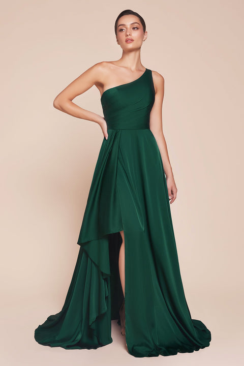 Ladivine 7450 satin one shoulder a-line slit gown — front view