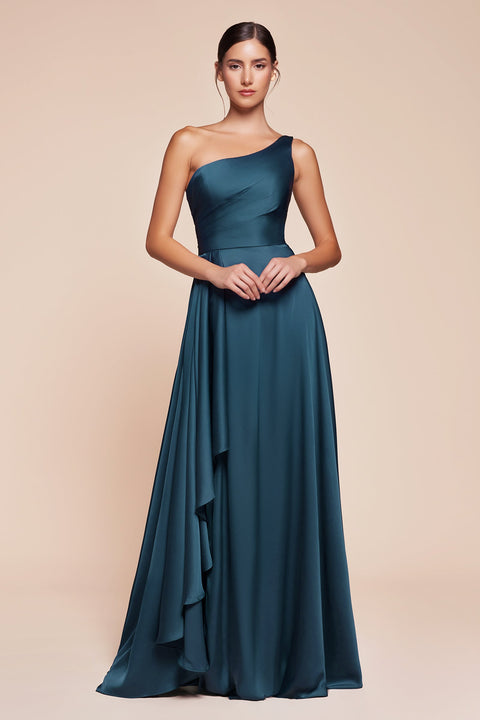 Ladivine 7450 satin one shoulder a-line slit gown — front view