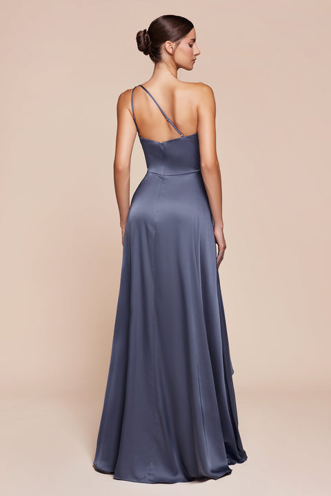 Ladivine 7450 satin one shoulder a-line slit gown — back view