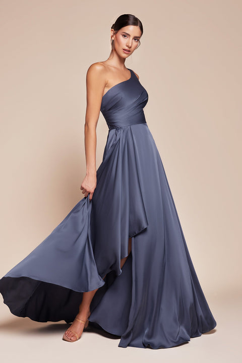 Ladivine 7450 satin one shoulder a-line slit gown — front view