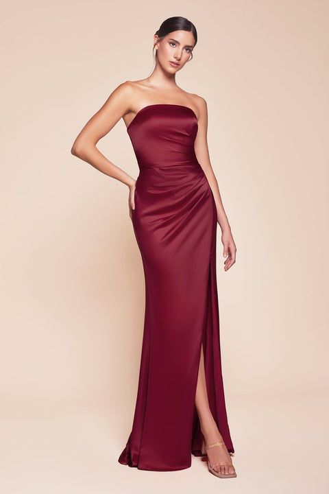 Ladivine 7451 Fitted Satin Strapless Gown with Elegant Slit