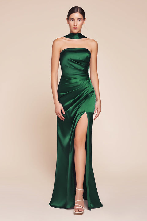 Ladivine 7451 Fitted Satin Strapless Gown with Elegant Slit