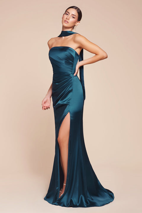 Ladivine 7451 Fitted Satin Strapless Gown with Elegant Slit
