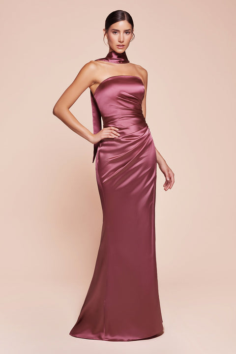 Ladivine 7451 Fitted Satin Strapless Gown with Elegant Slit