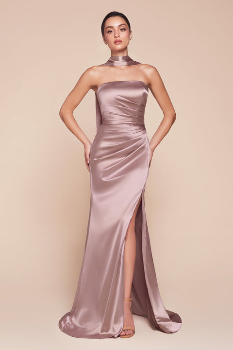 Ladivine 7451 Fitted Satin Strapless Gown with Elegant Slit