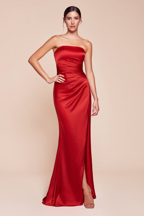 Ladivine 7451 Fitted Satin Strapless Gown with Elegant Slit