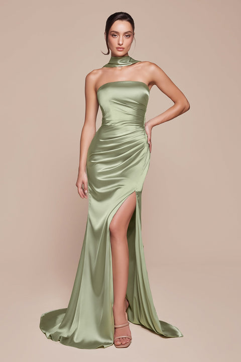 Ladivine 7451 Fitted Satin Strapless Gown with Elegant Slit
