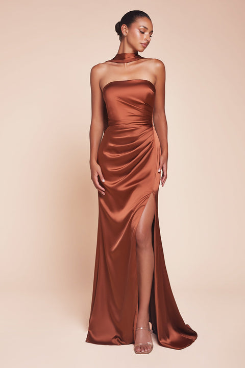 Ladivine 7451 Fitted Satin Strapless Gown with Elegant Slit