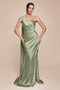 Ladivine 7454 Satin Fitted One-Shoulder Asymmetrical Gown with Side Slit