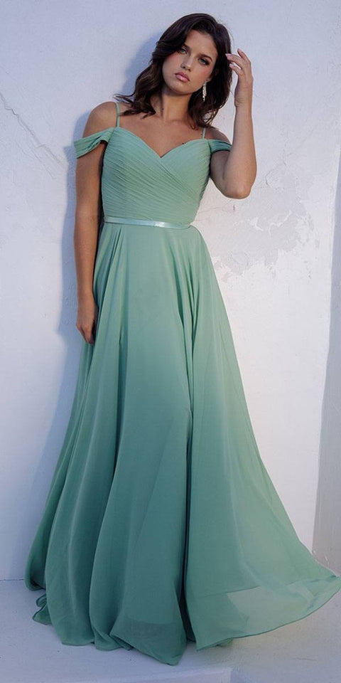 Eureka 7611 chiffon cold shoulder a-line gown — eureka sage