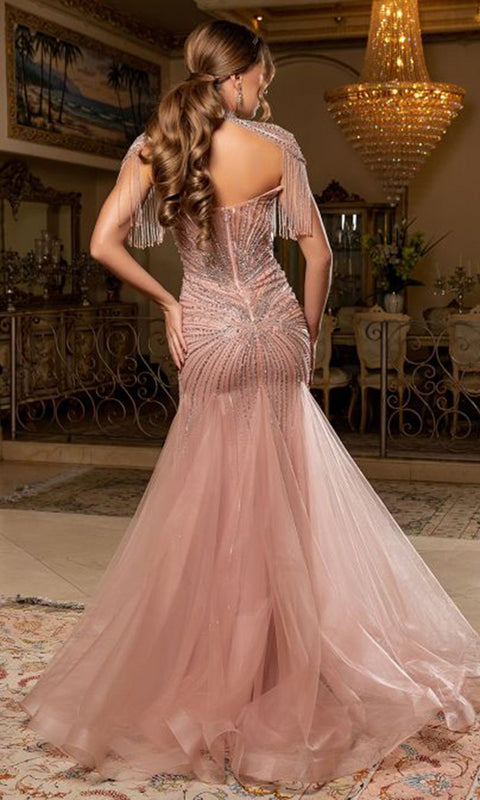 May Queen RQ8276 Strapless Beaded Fringe Mermaid Prom Dress – 10