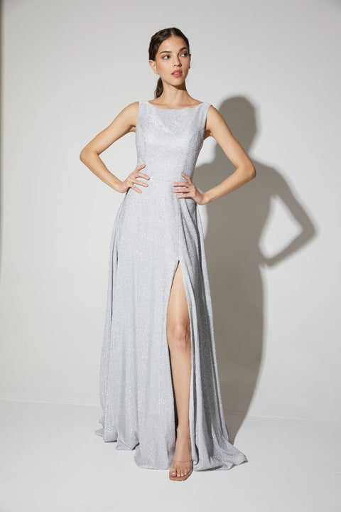 Eureka 8900 glitter sleeveless a-line slit gown — SILVER