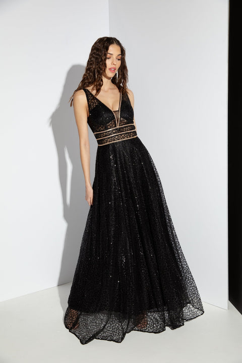Eureka 9005 glitter mesh v-neck a-line gown — BLACK 4