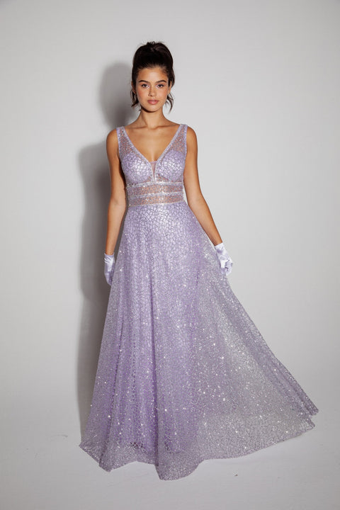 Eureka 9005 glitter mesh v-neck a-line gown — LILAC 38