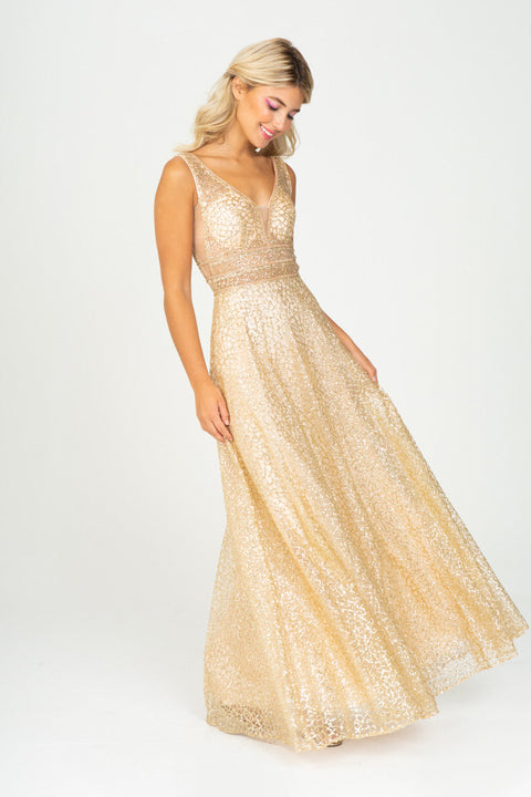 Eureka 9005 glitter mesh v-neck a-line gown — gold 12110