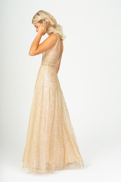 Eureka 9005 glitter mesh v-neck a-line gown — gold 12137