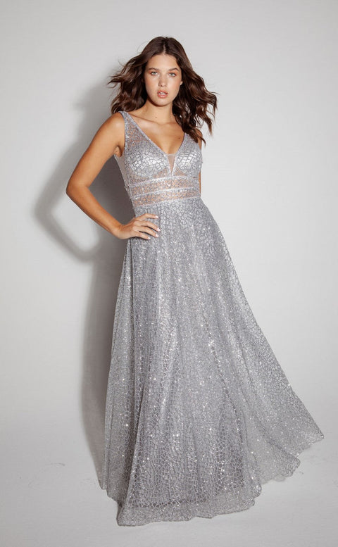 Eureka 9005 glitter mesh v-neck a-line gown — silver