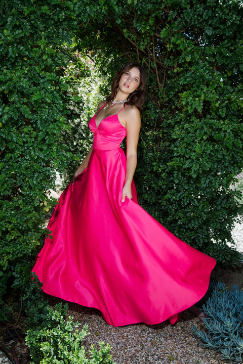 Eureka 9008 satin sleeveless a-line gown — HotMagenta 1