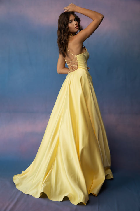 Eureka 9008 satin sleeveless a-line gown — Yellow 2