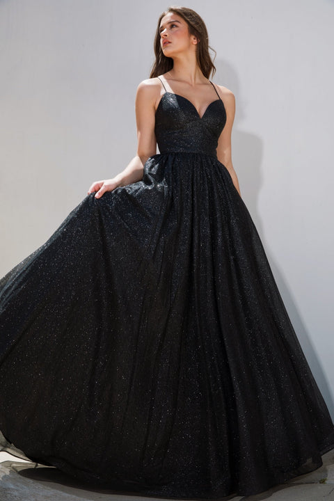 Eureka 9009 glitter strappy back a-line gown — BLACK6R