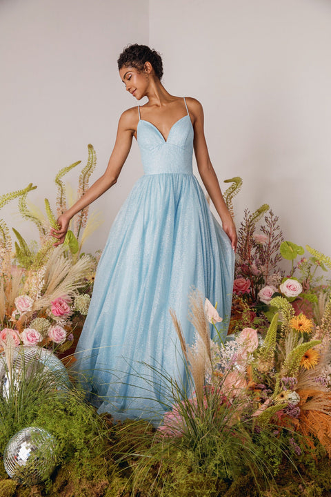 Eureka 9009 glitter strappy back a-line gown — BahamaBlue 1