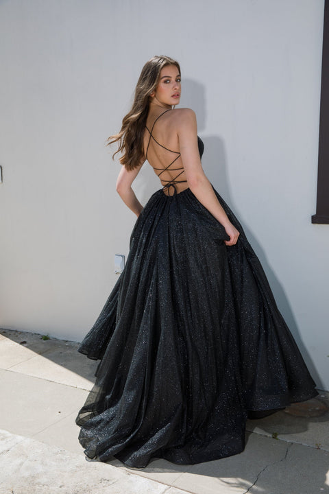Eureka 9009 glitter strappy back a-line gown — Black 10