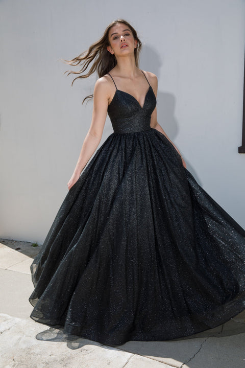 Eureka 9009 glitter strappy back a-line gown — Black 12